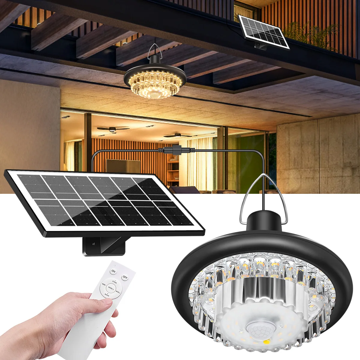Solar crystal pendant chandelier lighting a courtyard